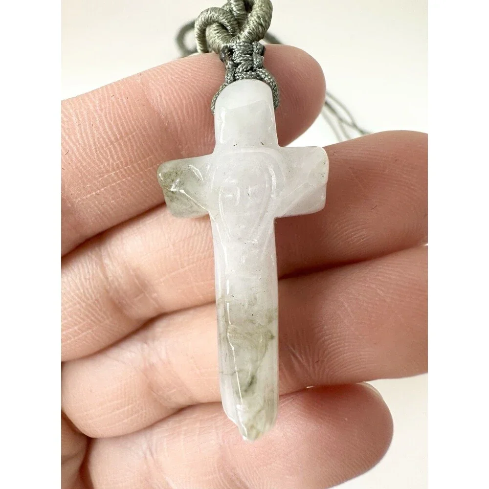 Natural Jade Carved Cross Necklace With Garnet Bead 26”